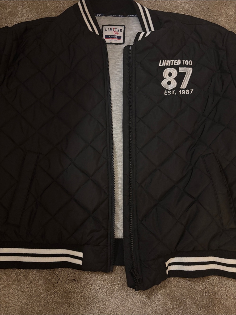 Limited Too Black Quilted Bomber Jacket with White Trim